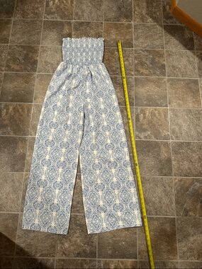 SHEIN Blue and White Strapless Smocked Wide-Leg Jumpsuit